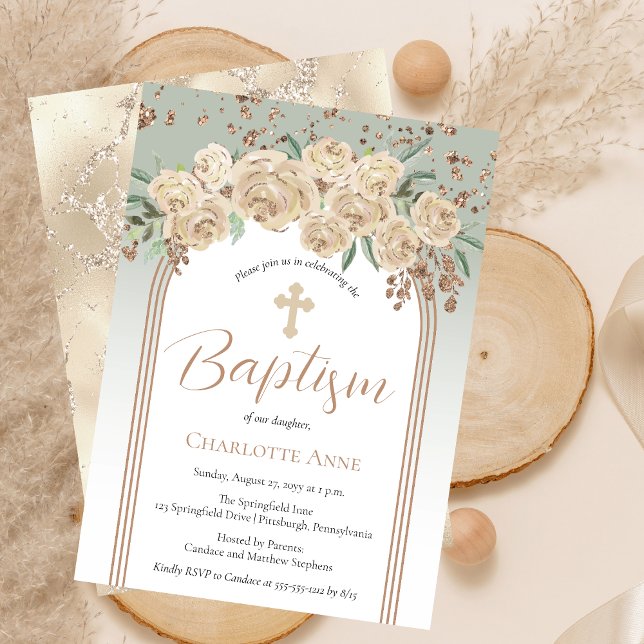 Elegant Champagne | Baptism i Blommigt Inbjudningar (Elegant Champagne Roses and Sage Floral Baptism Invitation)