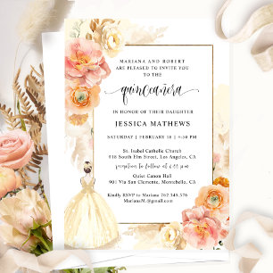 Elegant Champagne Blommigt Princess Quinceañera Inbjudningar