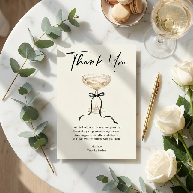 Elegant Champagne Coupe Svart Slinga Bröllopsdusch Tack Kort (Coquette Bridal Shower Thank You Card)