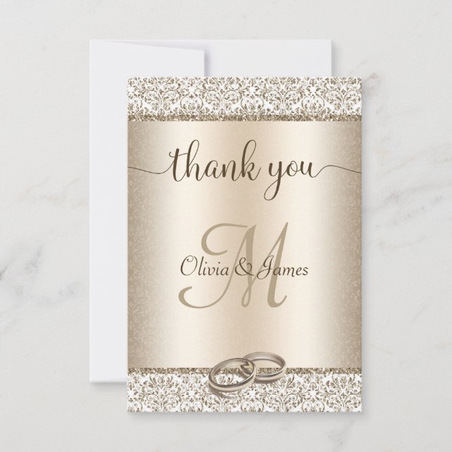 Elegant Champagne Damask Monogram Bröllop Tack Kort (Framsida)