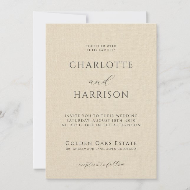Elegant Champagne Embossed Linen Minimal Bröllop Inbjudningar (Framsida)