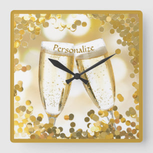 Elegant Champagne Glass Celebrate Guld confetti Fyrkantig Klocka
