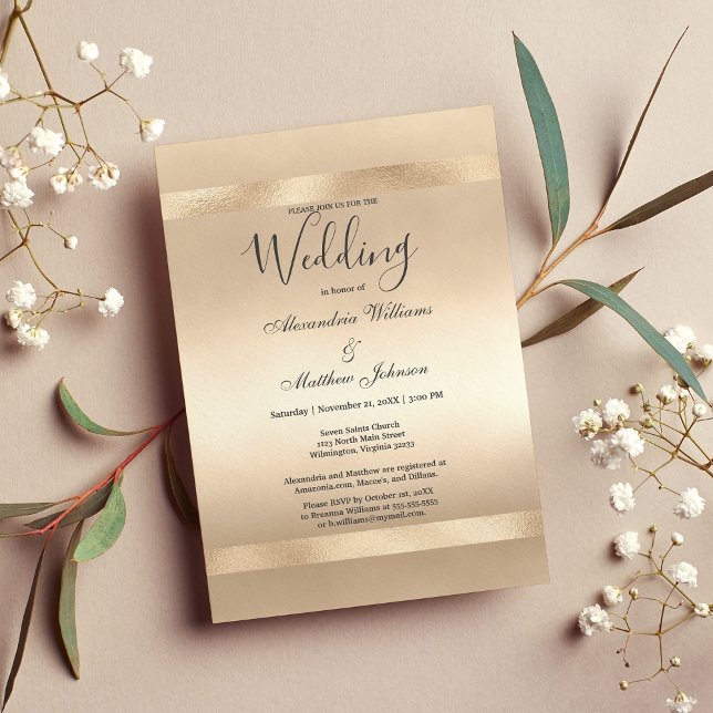 Elegant Champagne Guld Glamor Luxury Bröllop Inbjudningar (Glamorous black gold paint brush strokes wedding)