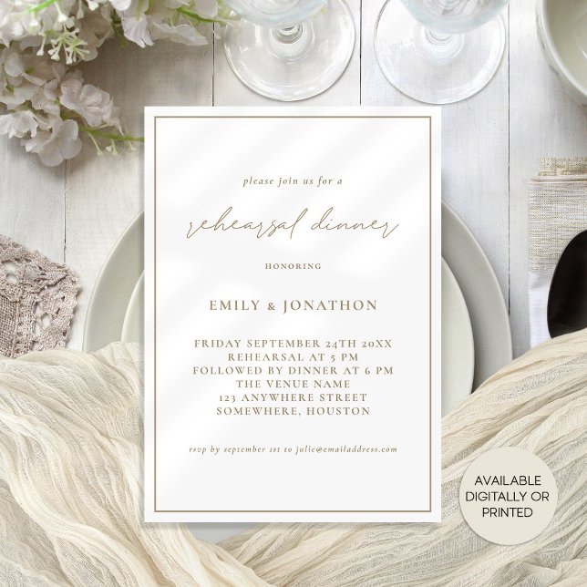Elegant Champagne Guld Rehearsal Dinner Inbjudningar (Available digitally or printed)