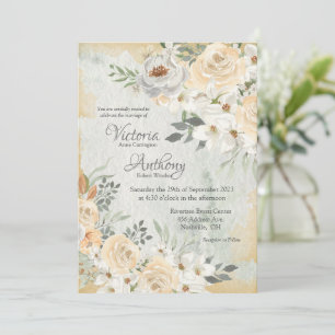 Elegant Champagne Ivory Blommigt Script Bröllop In Inbjudningar