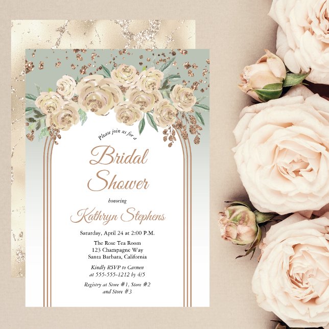 Elegant Champagne | Möhippa av Blommigt Inbjudningar (Champagne Roses and Sage Green Floral Bridal Shower Invitation with Faux Rose Gold Glitter Accents)