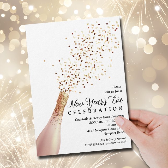 Elegant Champagne Nyårsafton Inbjudningar (Elegant Champagne bottle spray New Year's Eve party invitations, PRINTED and/or INSTANT DOWNLOAD)