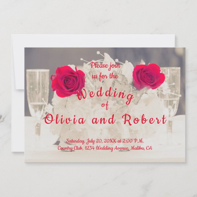 Elegant champagne och röd ros inbjudningar (Framsida)