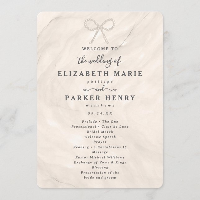 Elegant Champagne Pearl Bow Wedding Ceremony Program (Framsida)