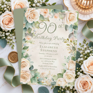 Elegant Champagne Ros Salvia Blommig 90-årsdag Inbjudningar