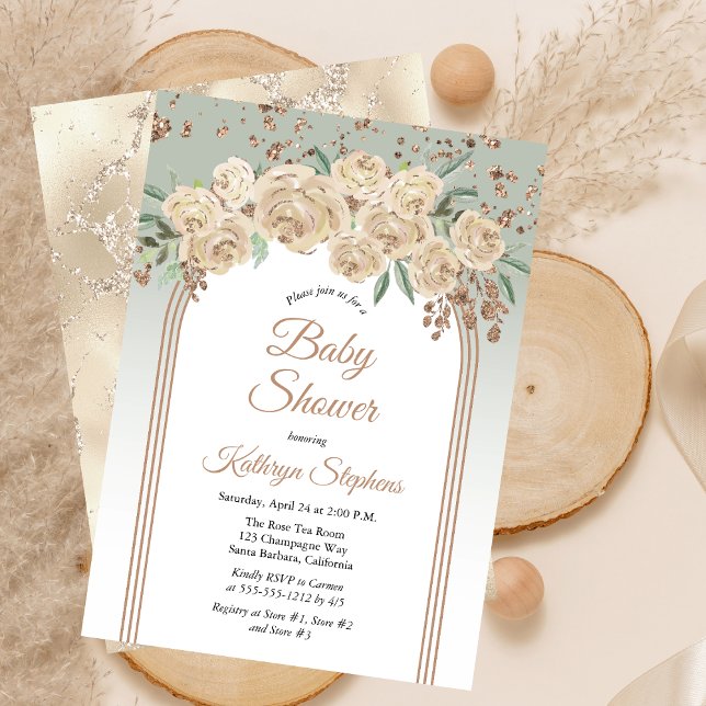 Elegant Champagne | Sage Blommigt Baby Shower Inbjudningar (Elegant Champagne Roses and Sage Green Floral with Faux Rose Gold Glitter Baby Shower Invitation)