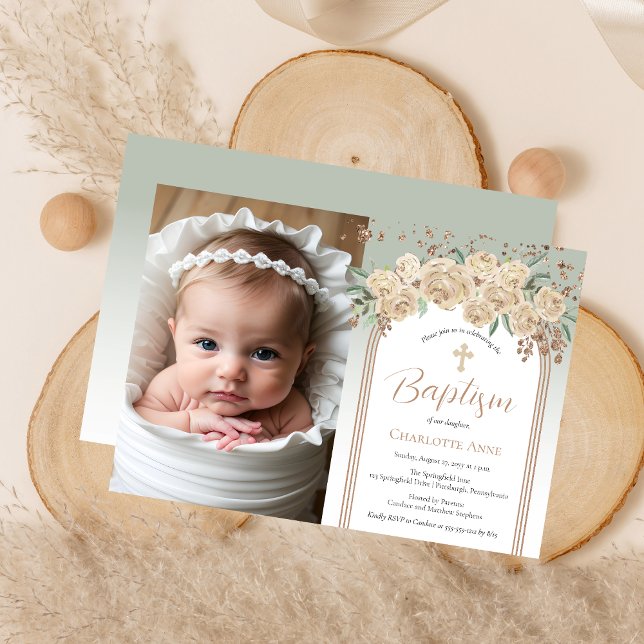 Elegant Champagne | Sage Blommigt Photo Baptism Inbjudningar (Elegant Champagne Roses and Sage Floral Photo Baptism Invitation)