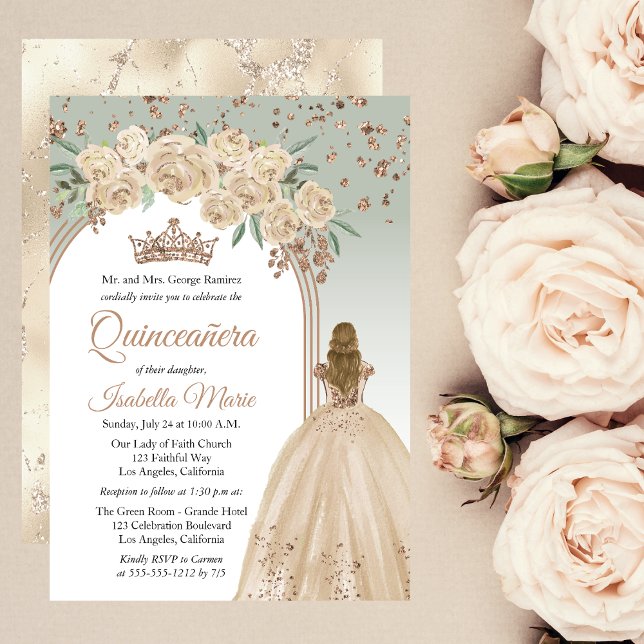 Elegant Champagne | Sage Blommigt Quinceañera Part Inbjudningar (Elegant Champagne Color and Sage Green Faux Rose Gold Glitter Golden-Hair Quinceañera Invitation)