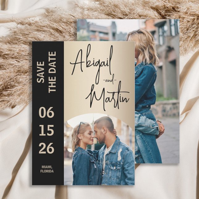 Elegant Champagne Svart 2 Foto Bröllop  Spara Datumet (Champagne and black wedding Save the Date 2-photo arch photo card)