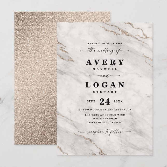 Elegant Champagne White Marble & Glitter Bröllop Inbjudningar (Fram/baksida)