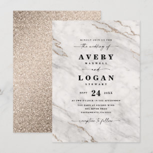 Elegant Champagne White Marble & Glitter Bröllop Inbjudningar