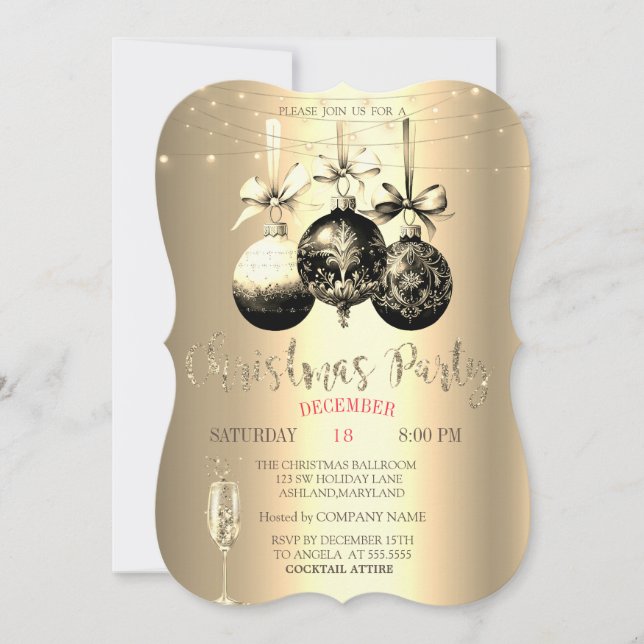 Elegant champagneglas, Förgyllda julfirande företa Inbjudningar (Framsida)