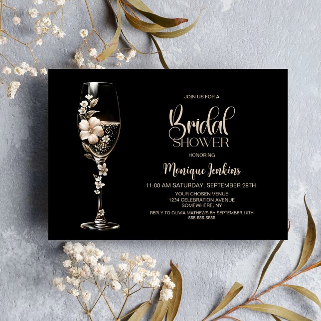 Elegant champagneglas krämfärgad blommig bröllopsd inbjudningar (Skapare uppladdad)