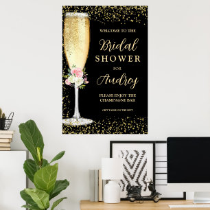 Elegant champagneglas med blommotiv - Bröllopsdusc Poster