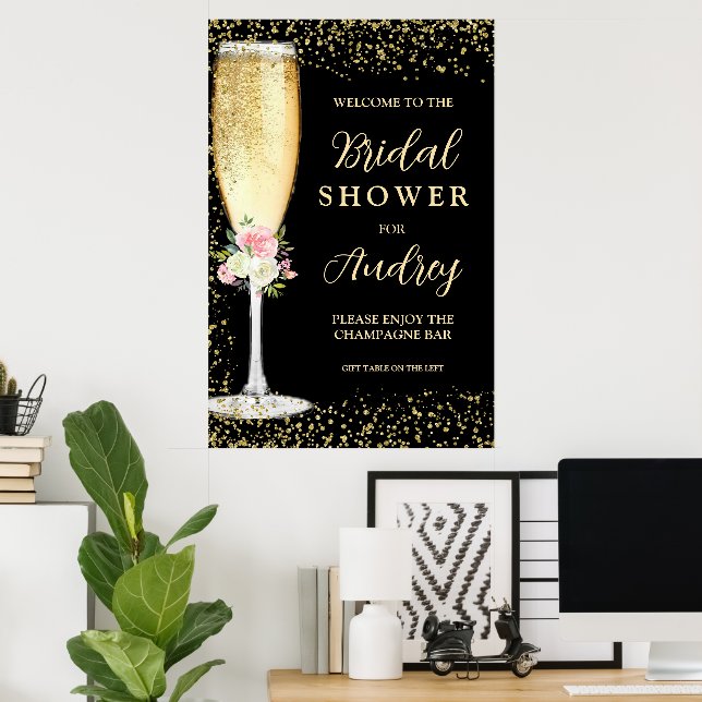 Elegant champagneglas med blommotiv - Bröllopsdusc Poster (Hemmakontoret)