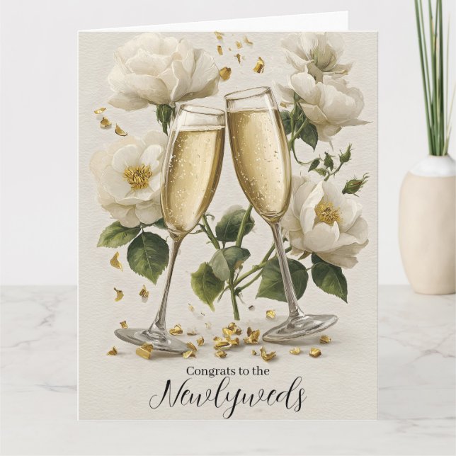 Elegant champagnetoast med vita rosor kort (Framsida)