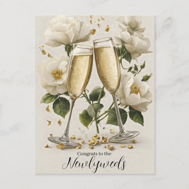Elegant champagnetoast med vita rosor vykort (Framsida)