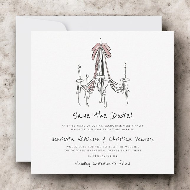 Elegant Chandelier Pink Bow Sketch Save the Date (Skapare uppladdad)