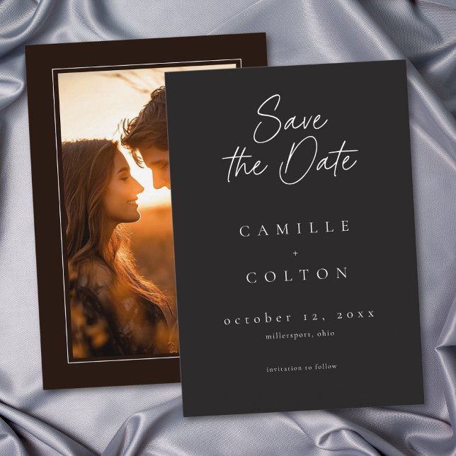Elegant Charcoal Black Minimalist Wedding Photo Spara Datumet (Elegant Charcoal Black Minimalist Wedding Photo Save The Date)