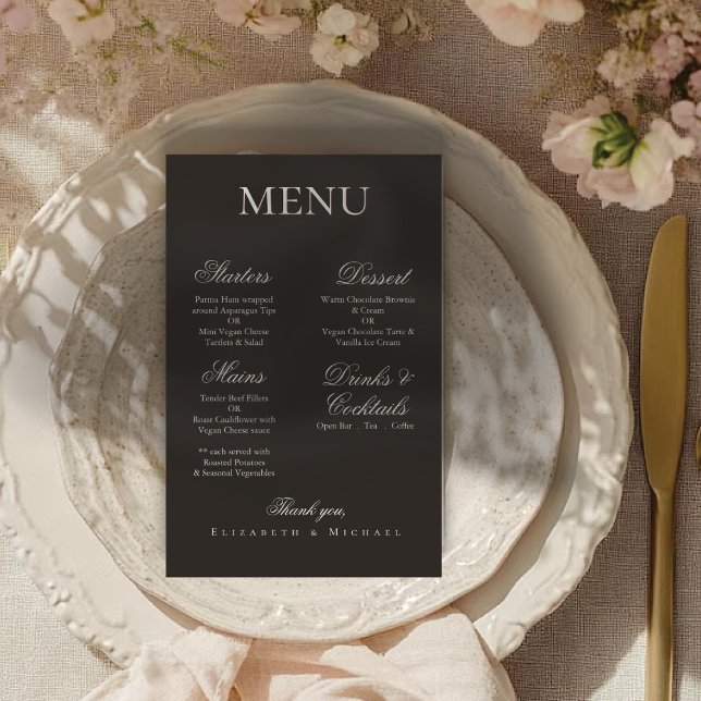 Elegant Charcoal Gold Boho Minimalist Wedding Menu (Skapare uppladdad)