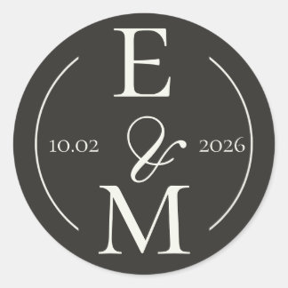 Elegant Charcoal Modern Monogram Date Wedding Runt Klistermärke