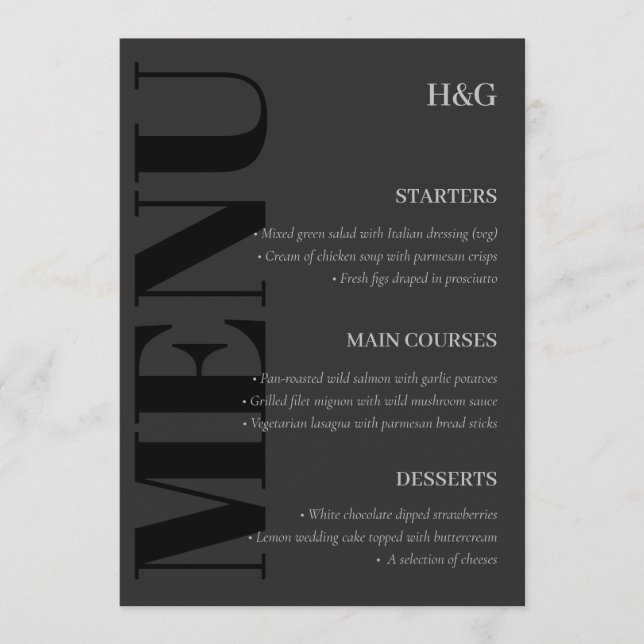 Elegant Charcol Typography Monogram Bröllop Menu Meny (Framsida)