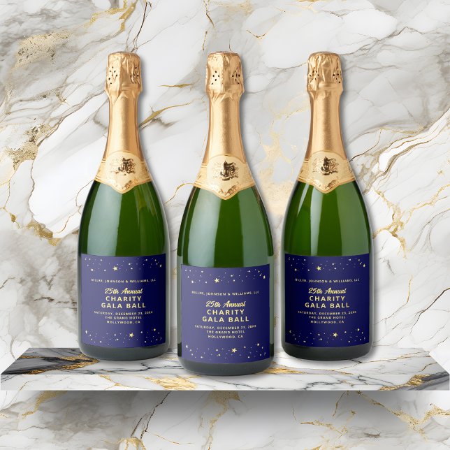 Elegant Charity Gala Boll Silent Auction Blue Guld (Charity Fundraiser Gala Event Sparkling Wine Bottle Label in navy blue and gold with gold stars.)