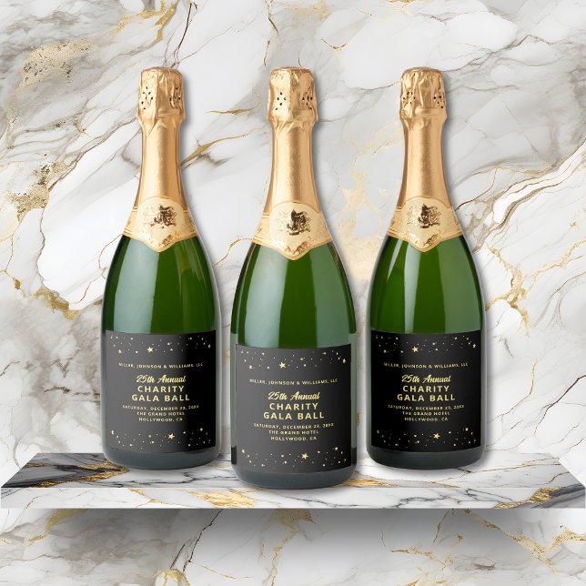 Elegant Charity Gala Event Black Guld Stars (Elegant Charity Gala Event Black Gold Stars Sparkling Wine Label with Company and Event Details.)