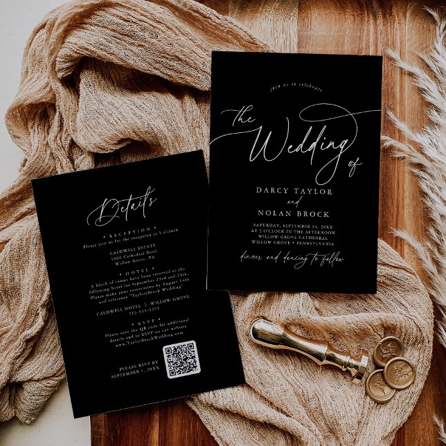 Elegant Charm Black Wedding-inbjudningar med OSA Inbjudningar (Elegant Charm Black Wedding Invitations with RSVP)
