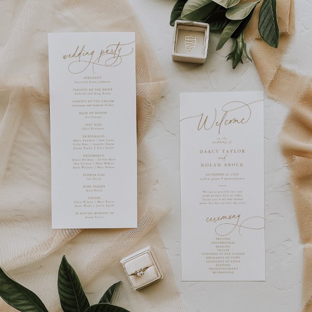 Elegant Charm Flat White och Guld Bröllopsprogram Program (Elegant Charm Flat White and Gold Wedding Program)