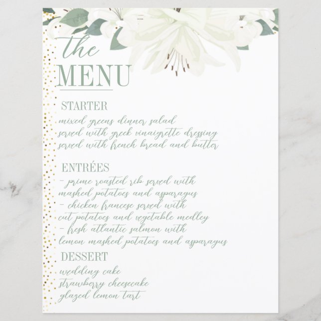 Elegant Charm Grönt Wildblomme Bröllop Menu (Framsida)