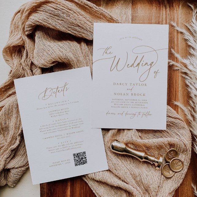 Elegant Charm Guld bröllopsinbjudningar med OSA Inbjudningar (Elegant Charm Gold Wedding Invitations with RSVP)