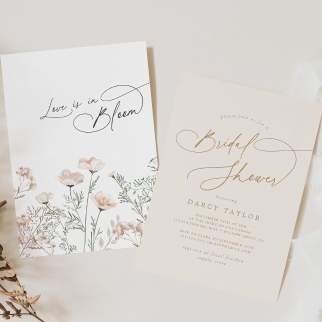 Elegant Charm Ivory Guld WildblomMöhippa Inbjudningar (Elegant Charm Ivory Gold Wildflower Bridal Shower Invitation)