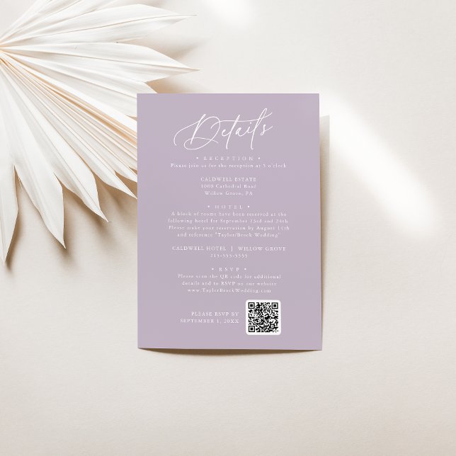 Elegant charm lavendel lila bröllopsdetaljkort tilläggskort (Skapare uppladdad)