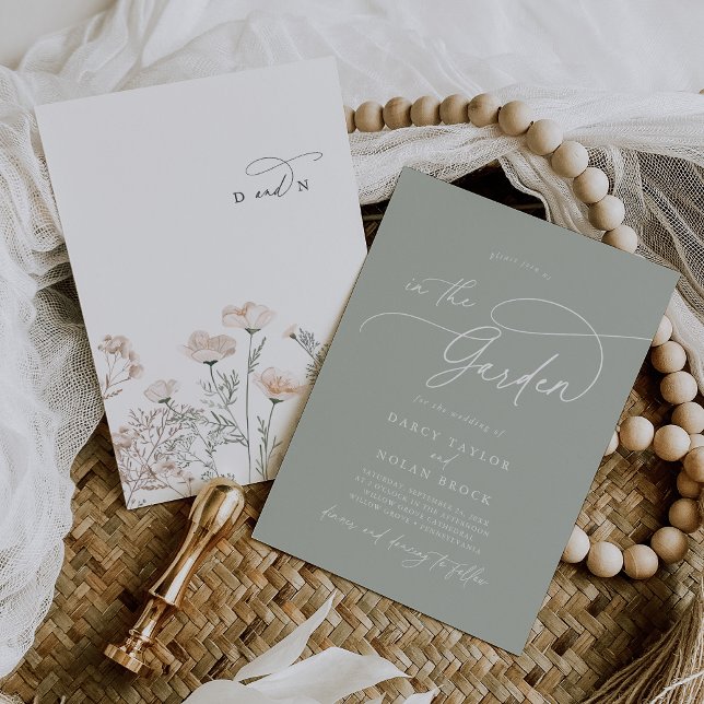 Elegant Charm Monogram Grönt Wildblomma Bröllop Inbjudningar (Skapare uppladdad)