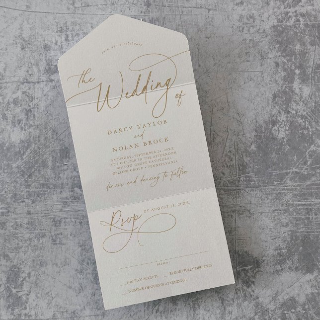 Elegant Charm OSA Ivory och Guld Bröllop (Elegant Charm RSVP Ivory and Gold Wedding All In One Invitation)