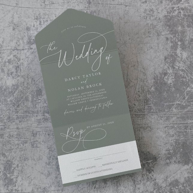 Elegant Charm OSA Mörk Sage Bröllop (Elegant Charm RSVP Dark Sage Wedding All In One Invitation)