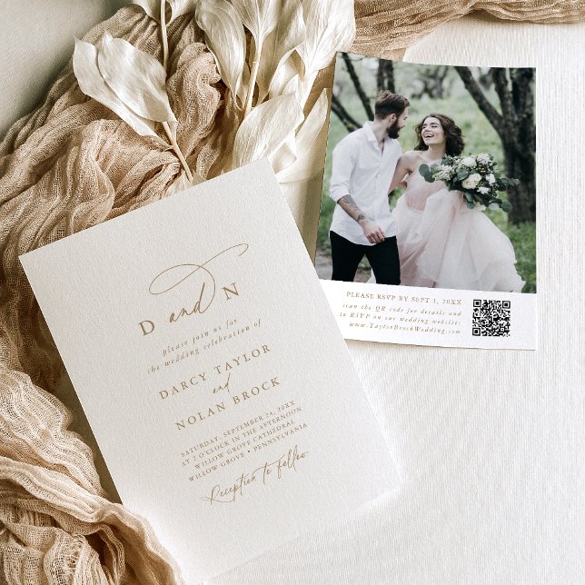 Elegant Charm Photo Guld bröllopsinbjudningar OSA Inbjudningar (Elegant Charm Photo Gold Wedding Invitations RSVP)