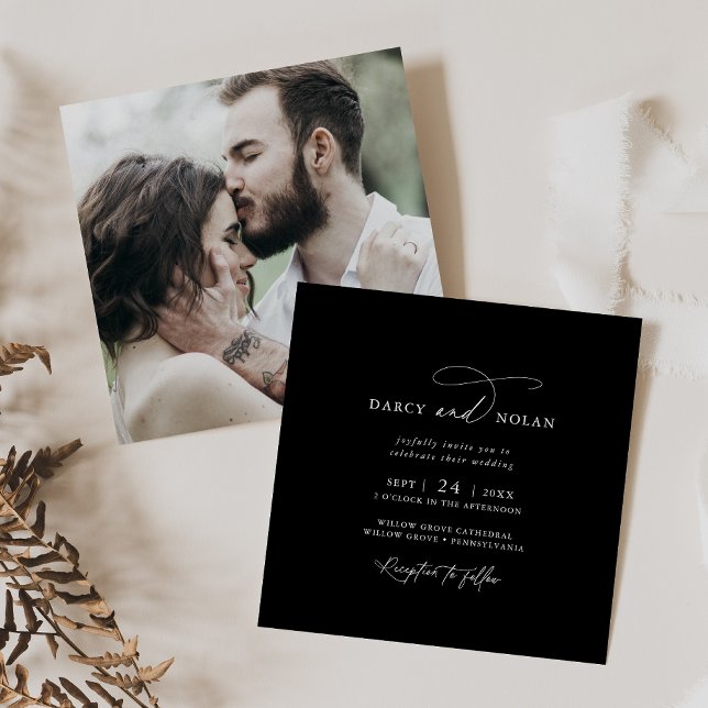 Elegant Charm Photo Mörk Black Wedding-inbjudninga Inbjudningar (Elegant Charm Photo Dark Black Wedding Invitations)