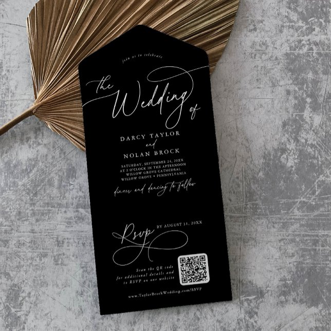 Elegant Charm QR-kod, svart Bröllop (Elegant Charm QR Code Black Wedding All In One Invitation)