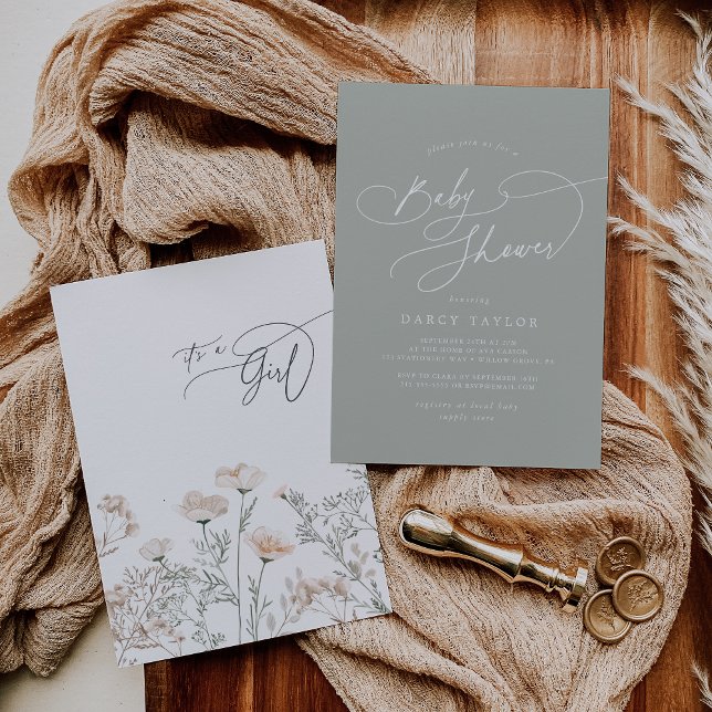 Elegant Charm Sage Grönt Wildblomma Baby Shower Inbjudningar (Elegant Charm Sage Green Wildflower Baby Shower Invitation)