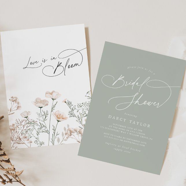 Elegant Charm Sage Grönt WildblomMöhippa Inbjudningar (Elegant Charm Sage Green Wildflower Bridal Shower Invitation)