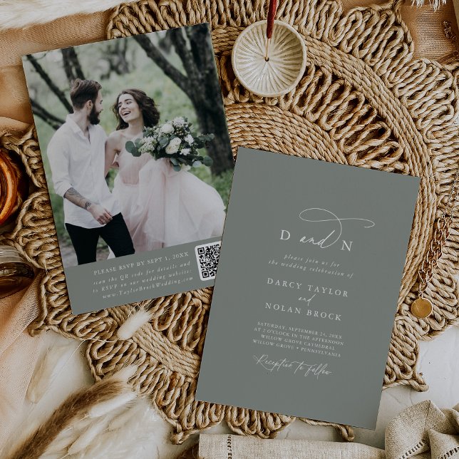 Elegant Charm Sage Photo Wedding OSA Inbjudningar (Elegant Charm Sage Photo Wedding Invitation with RSVP)