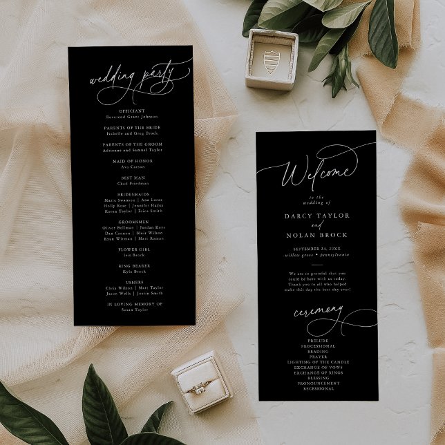 Elegant Charm, svart, platt Mörk, Bröllopsprogram Program (Elegant Charm Flat Dark Black Wedding Program)