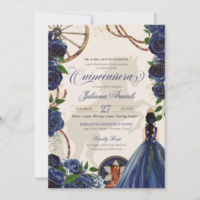 Elegant Charro Blue Ro Western Ranch Quinceanera Inbjudningar (Framsida)
